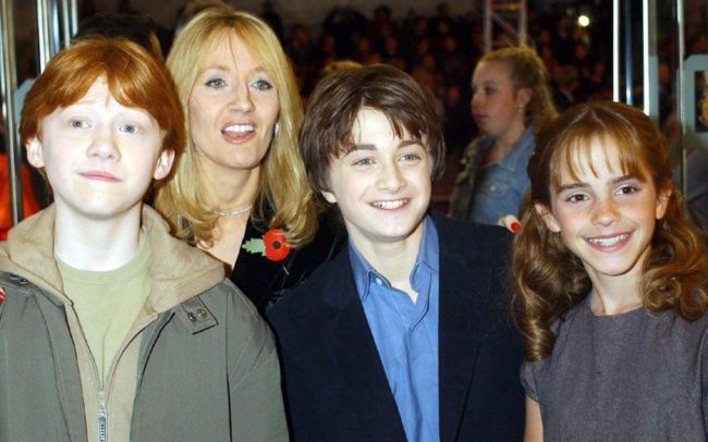 Harry Potter stars Daniel Radcliffe (Harry), centre, Emma Watson (Hermione Granger), right, and Rupert Grint (Ron Weasley) with author JK Rowling