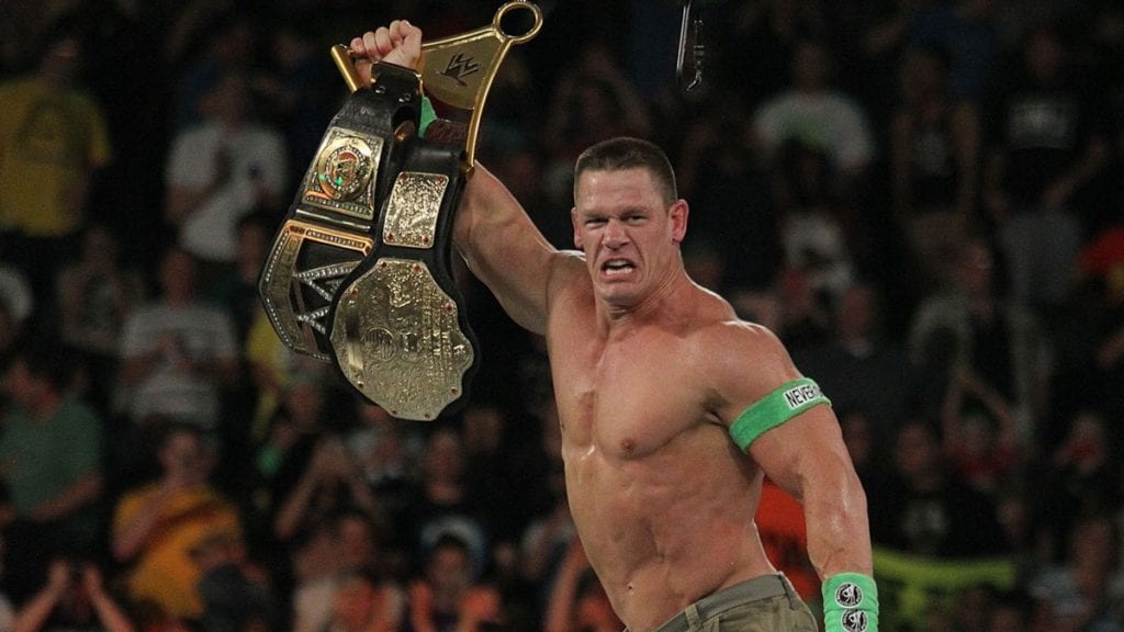 John Cena after winning the WWE title at Money In The Bank in 2014