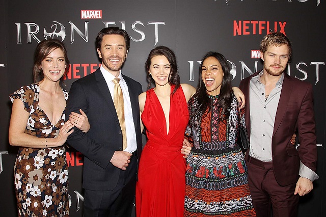 Tom Pelphrey and other movie stars; Rosario Dawson, Jessica Stroup, Finn Jones, and Jessica Henwick at an event for "Iron Fist".